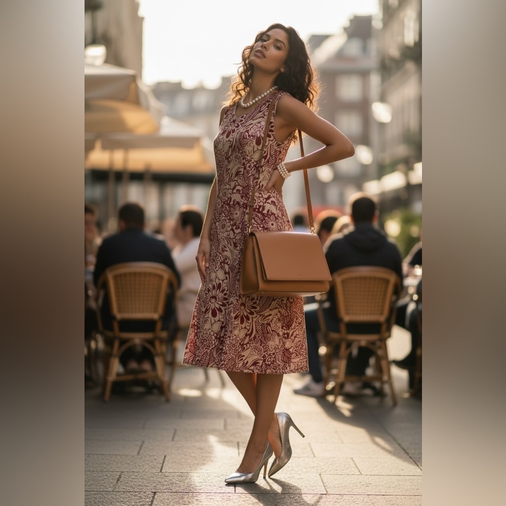 Danny & Nicole Burgundy and Cream Floral Midi Dress with a Chico Duster☑️